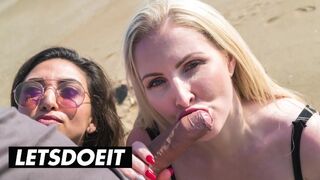 Frida Sante és Georgie Lyall forrón szopogatnak és baszódnak egy nagy faszon a strandon